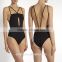 Sexy black front cross-over skinny straps straight neckline women one piece swimsuit