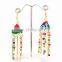 Pom pom jhumka earrings-Pom Pom Drop Earrings-Multicolor Chain pom pom earrings-BOHO Tribal Pom Pom Bell Earrings