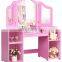 Princess Makeup Dressing Table with 4 Large Storage Shelves and 3-Panel Mirror for Kids and Girls