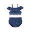 Children's clothing girls pure color denim top and shorts with two sets