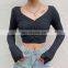 2020 Fall New Women Slim V-neck Cropped Top Solid Color Button Long Sleeve Cardigans