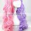 Half and half color Lolita Long Curly Pink Mixed Purple Cosplay Hair Wig Two Ponytail N416