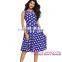 Classic Wholesale Blue Polka Dot Bohemain Print Latest Office Dress With Keyholes