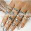 Hot 13Pcs/Set Gothic Retro Antique Women Popular Silver Bronze Elephant Crown Midi Finger Rings