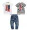 Baby Boy Outfit US Flag Print 2pcs Tops + Long Denim Pants Children Boy Short Sleeve Shirt Kids Clothing Set