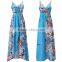 Fashion 2016 Summer Lady Long Boho Beach Tank Dress Blue Floral Print Sleeveless Sash Side Slip Maxi Tunic Women Dresses sexy