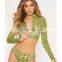 Women Sexy Bikini Set Long Sleeve Zip Up High Neck Crop Top Swimsuit Snake Skin Printing Low Waist Thong Beachwear Suit