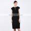 Women's Summer Plunge V Neck Back Zipper Short Cap Sleeve Slim Bodycon Dress Black Cocktail Dress