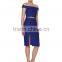 Lady's jacquard bule horizontal neck fashion top