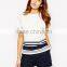High Fashion Simple Women 's Custom Printed T-shirt Short Sleeve Hem Stripe design White T-shirt