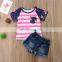 Newborn Kid Clothing Baby Girls Pink White Striped Tops Flower Sleeved T-shirt & Jeans Denim Shorts 2pcs Baby Clothing Set