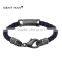 Wholsale mens blue leather bracelet for chrismas, stainless steel bracelet hammerfinish magnetic clasp jewelry