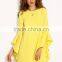 Yellow Crew Neck Ruffle Sleeve Shift Dress 100% Polyester Long Sleeve Casual Short Dress