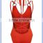 Hot sell deep V type simple red color style young girls sex one piece swimwear