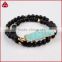 Women's Double Row Frosted Black Agate Bead & Gold Beaded Stretch Bracelet From China Gemstone Factory
