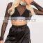 High Waist Women Plain Black Satin Contrast Binding Runner Shorts With High Curved Side