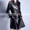 Latest womens black pu leather coats midi windbreaker slim fit jacket