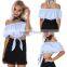 B33763A 2017 hot women summer fashion bow tie blue striped t shirts