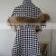 2016 Luxury HOUNDSTOOTH pattern Cashmere Like Cape Poncho With Natural Raccoon Fur Trim