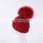 Popular beanie knit hat style for women with big fur ball on top KZ160076