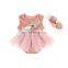 The Latest Pink Velvet sleeveless applique baby romper with Big lace bowknot beautiful headband Wholesale for baby