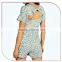 Casual style romper womens playsuit women round neck short sleeve floral printed jumpsuit with back bowknot