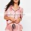 MGOO Women Satin Short Pyjama Set Pink Black Piping Pajama Set Roll Sleeve Top With Drawstrings Shorts