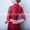 Modern New Design High Neck 1/2 Sleeve Red Beaded Sheath Bow Elegant Buttons Lace Beaded Evening Dress