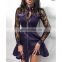 Women's Casual Black Long Sleeve Mesh lace and Zip Pu leather gown and knee length one-piece dress