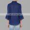 2017 New Design Shirt Blouse Model Islamic Clothes Navy Blue Tops Nice Flutter Sleeve Girls Tunic