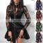 Women's Casual Black Long Sleeve Mesh lace and Zip Pu leather gown and knee length one-piece dress