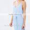 Chic Fashion Designer V-neckline Blue Maxi Dress Woman Clothes