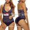 China Manufacturer Wholesale Womens V Neck Halter Backless Striped Tankini Top Swimsuit With Briefs