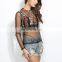 MiKa72180 2017 Summer Cool T-shirts Women Sexy Perspective Embroidery Tops Long Sleeve Blouse With Zippers Floral T-shirt