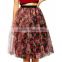 Ladies Fashion High Elastic Waisted Mesh Midi Puffy Red and Black Floral Unique Vintage Tutu Skirt