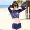 Blue three pieces long sleeve print girl women swimming jammer sets
