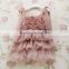 children's pink ruffle lace dresses with ribbon bandage girls boutique lace dress for party