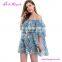 Women Sexy Off Shoulder Printed Blue Short Sleeve Falbala Beach Dress