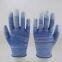 blue and white polyester knitted PU fingers coated safety work gloves anti-dirt breathable comfortable flexible
