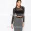 Black mesh long sleeve plain crop tops wholesale