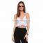 Woman deep V neck halter white stripped sexy backless fit and flare cotton crop tops