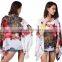 wholesale women fancy chiffon blouses fashion batwing caftan poncho shawl with botton magic multi-way tunic tops