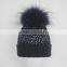 Myfur Navy Knitting Beanie Hat With Stones Real Raccoon Fur Ball Top For Teenager Boys