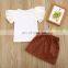2020 Girls kids white t-shirt + pu skirt clothing set Kids 2pcs set