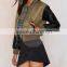 Wholesale Army green short baseball Jacket With leather sleeves