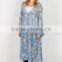 New Fashion 100% Polyester Blue Floral Button Up Bell Sleeve Trendy Designs Chiffon Semi Sheer Sexy Ankle Long Dusty Cardigan