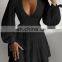 Ladies Party Sexy Deep V-neck Long Dress Lantern Long Sleeve  Lace Women Elegant Dresses