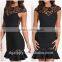 Wholesale New Fashion Black Lace Insert Peplum One Piece Mini Ladies Dress Pattern