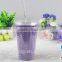 Custom logo design double wall plastic tumbler with straw