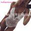 Deep Lace Up V Neck One Piece White Lace Sexy Transparent Bodysuit